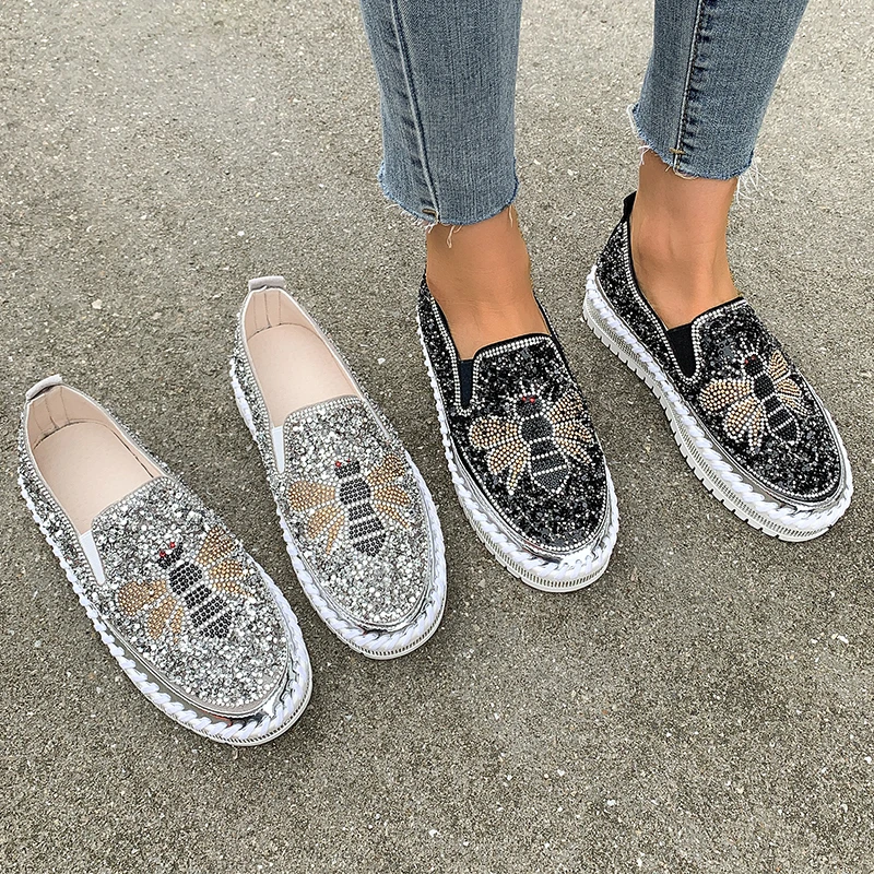 

walking sneakers Spring and autumn new fashion Rhinestone Sequin thick sole large shallow mouth lazy shoes women's single shoes