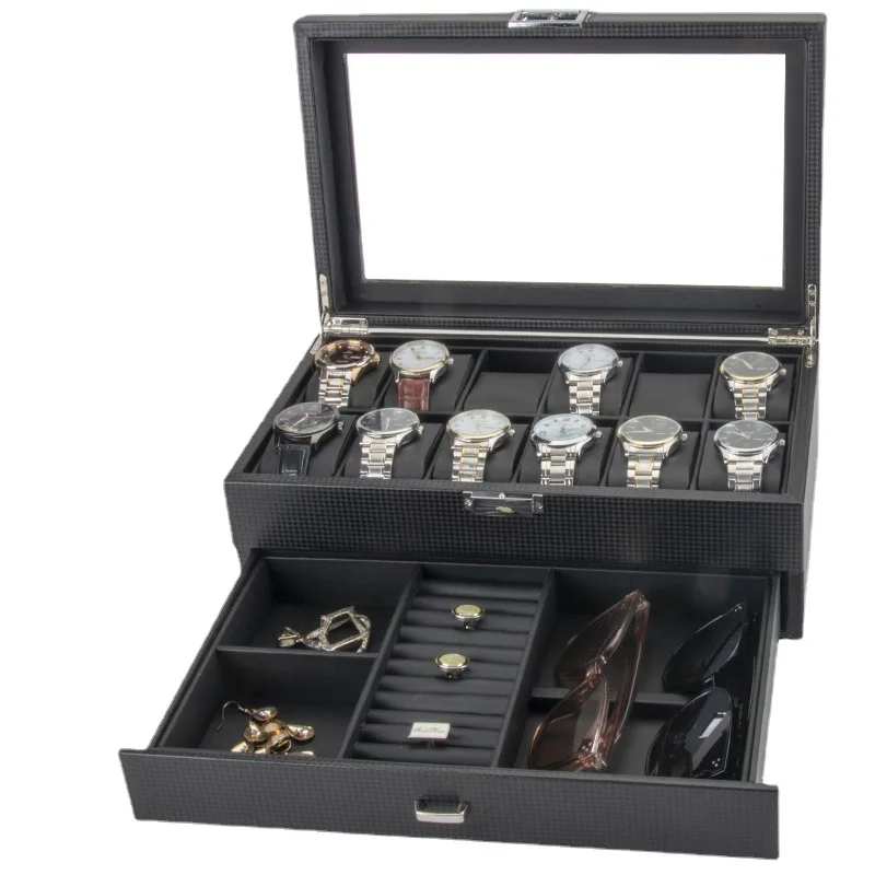 

Shopping Mall Luxury Large Black Leather Watch Jewelry Storage Box Case For watch Rings Glasses Set