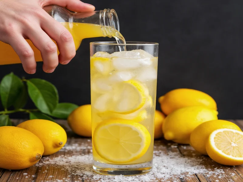 Hand pouring homemade lemon soda into glass with ice