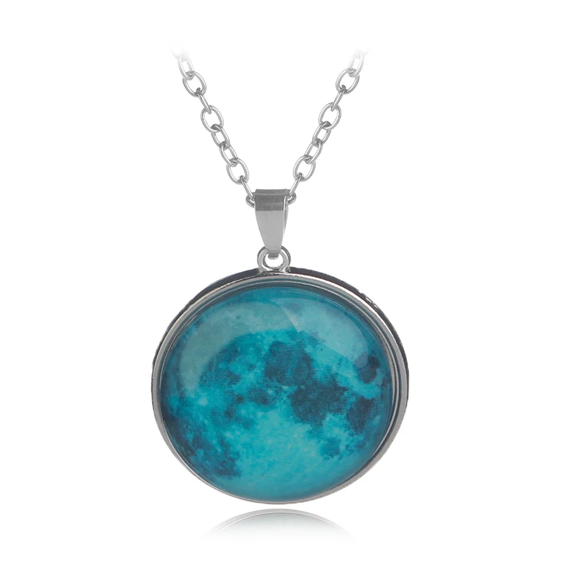 

Dome Solar System Stainless Steel Pendant Luminous Necklaces Glow in The Dark Full Glowing Moon Necklace, Silver