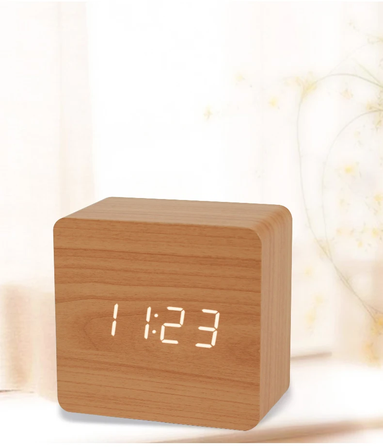 Voice Control Time Date Temperature Led Display Digital Table Wooden