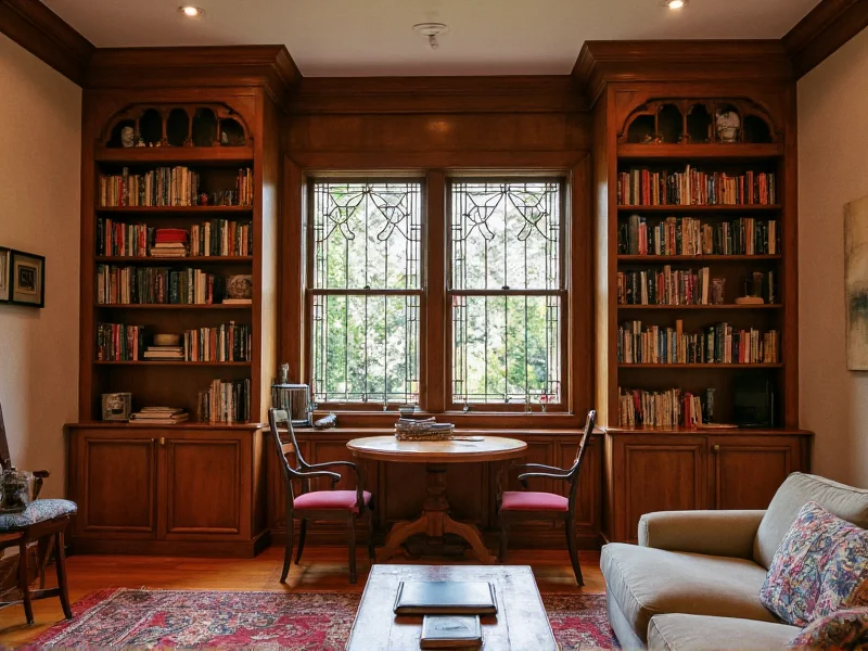 Arts and Crafts interior showing built-in bookshelves and leaded glass