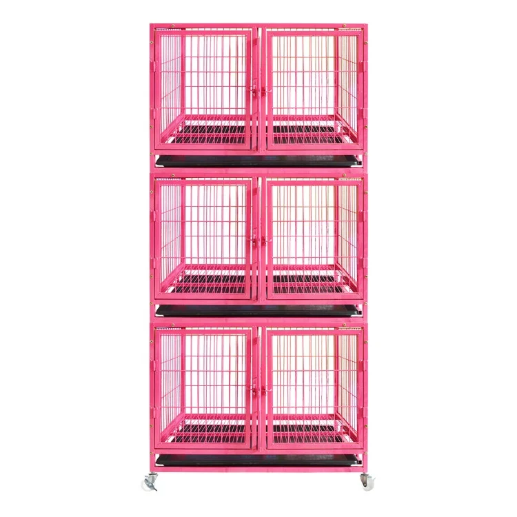 

Manufacturer Hot Sale Double Doors High Quality Metal Dog Cage Bank with Wheels, Solod color