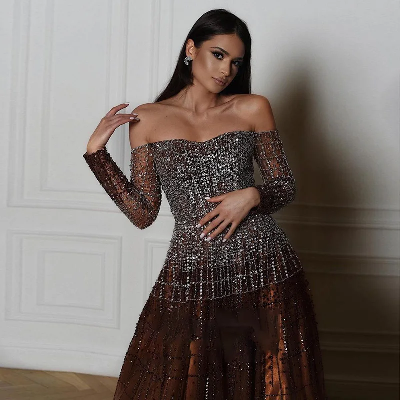 

Scz103 Luxury Dubai Off Shoulder Brown Evening Dress Gold Crystal Arabic Women Formal Dresses Muslim Wedding Party Gowns