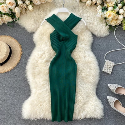 

2020 European INS Fashion Women Sexy Bandage Elasctic Knitted Bodycon Dress