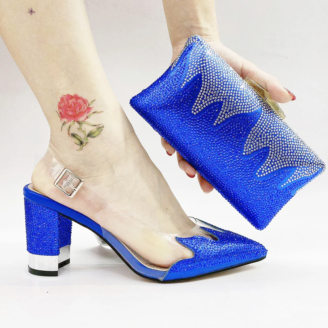 

Royal Blue Evening Party Shoes and Matching Bag Set OEM Customized Brand Hot Sale Bridal Heels and Bag Set
