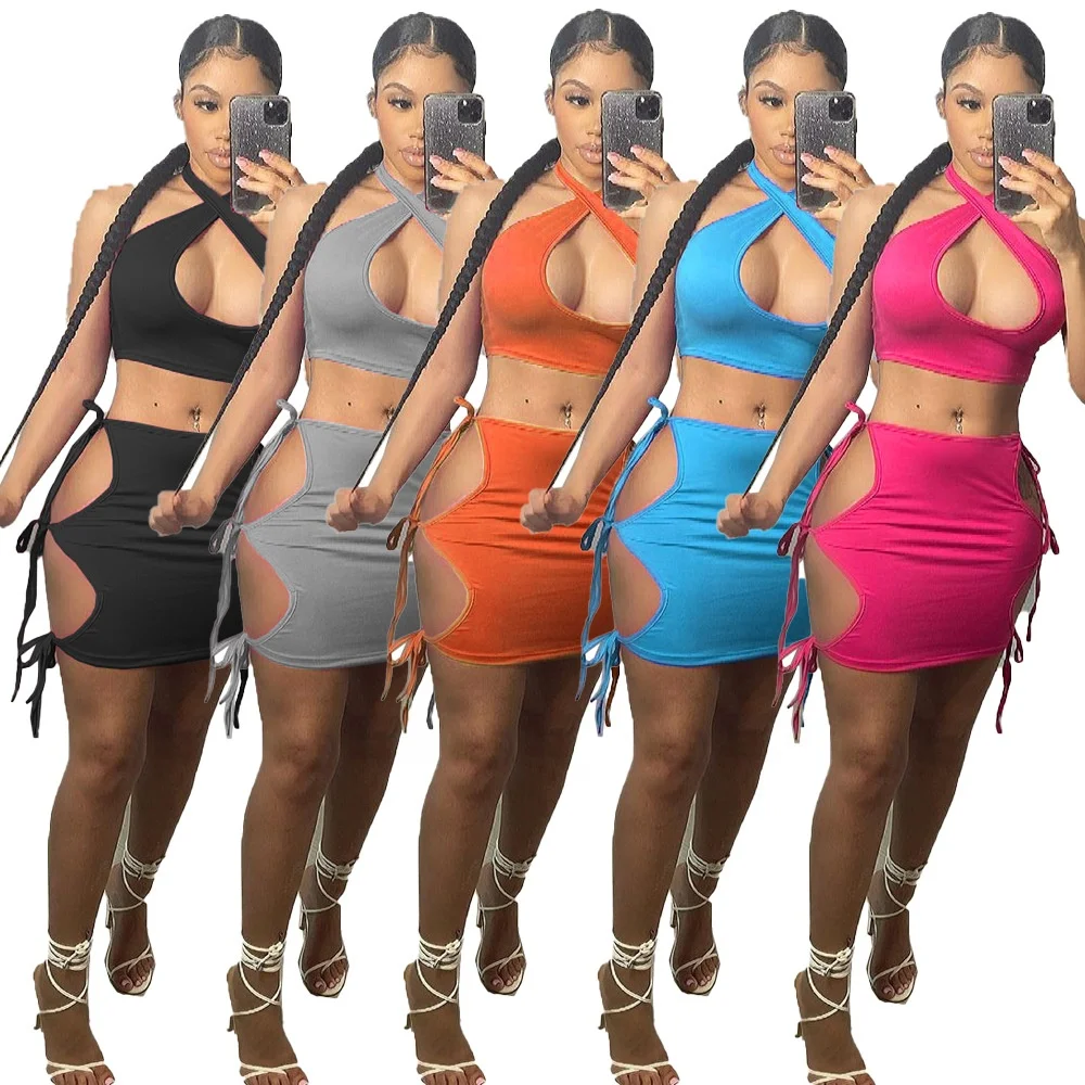 

New Arrivals Sexy Hollow Out Crop Top Bandage Bodycon Women Skirt Set