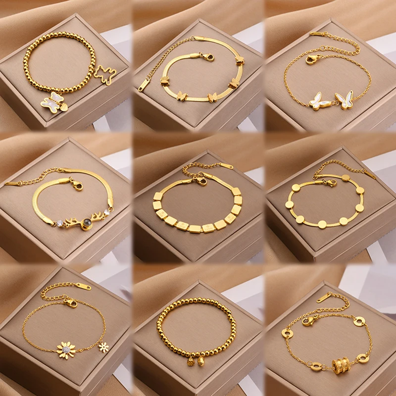 

Trendy Stainless Steel Gold Plated Love Heart Locket Chain Bracelet Women Key Beaded Multi Layered Bracelet for Valentine Gift