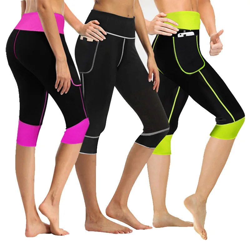 

Miket Sweat bursting neoprene heating sauna body shaping pants fitness exercise Capri Yoga shapewear legging, Black, pink, green