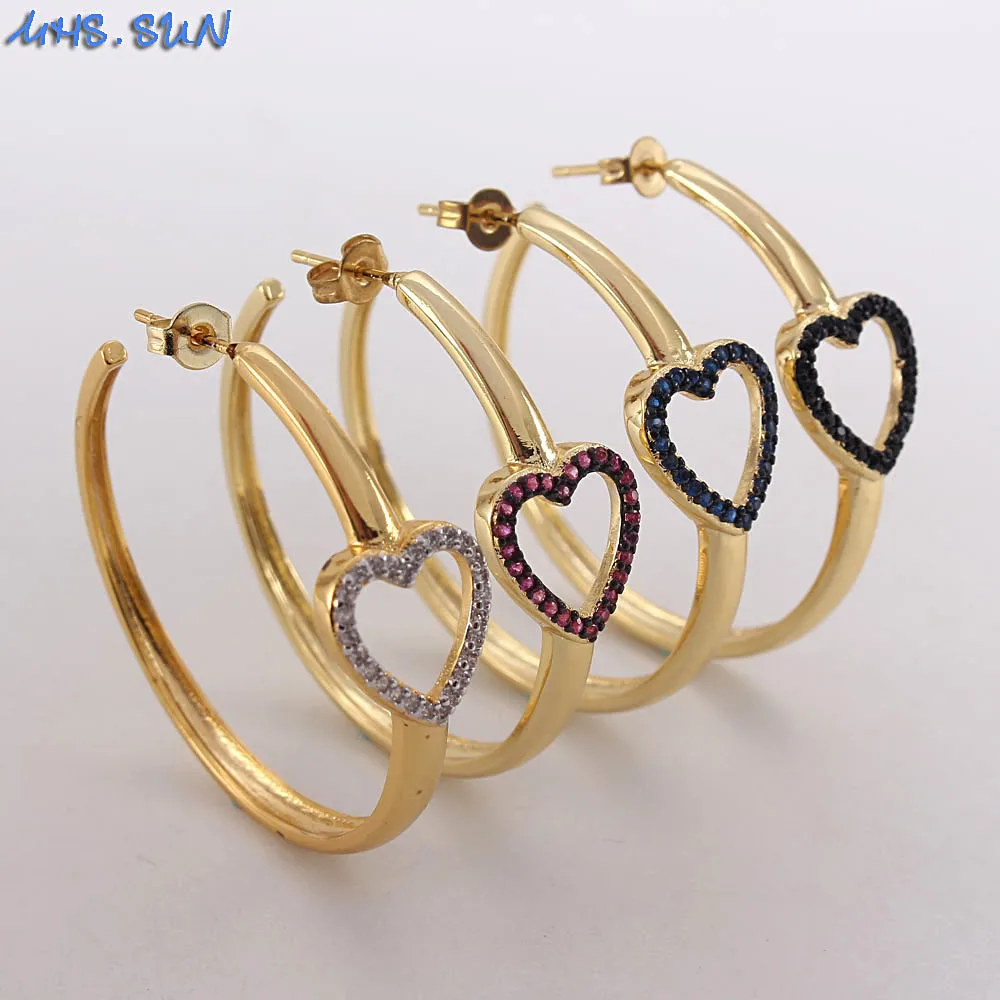 

MHS.SUN Trendy Jewelry Black/Blue/Red/White Cubic Zirconia Heart Earrings Women CZ Crystal Hoop Earrings For Party High Quality, Gold