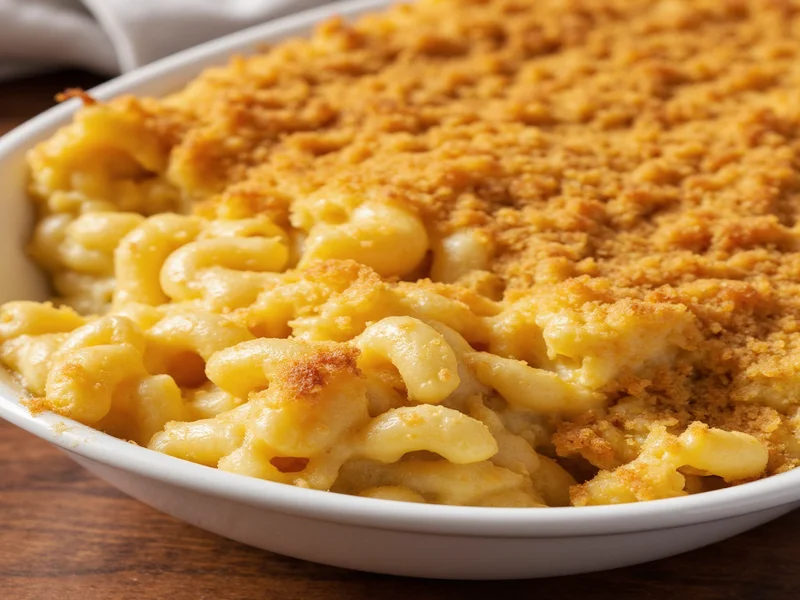 Golden baked mac and cheese with crispy breadcrumb topping