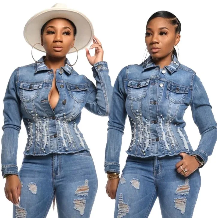 

women clothing vendor sexy fashion women's casual coats denim beads jacket, Blue
