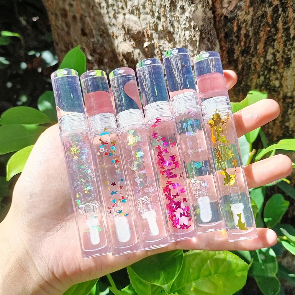 

Wholesale Custom Lipgloss Vendor Glitter Shining Sequins Kids Mini Tube Waterproof Vegan Nude Clear Lip Gloss, 5 color