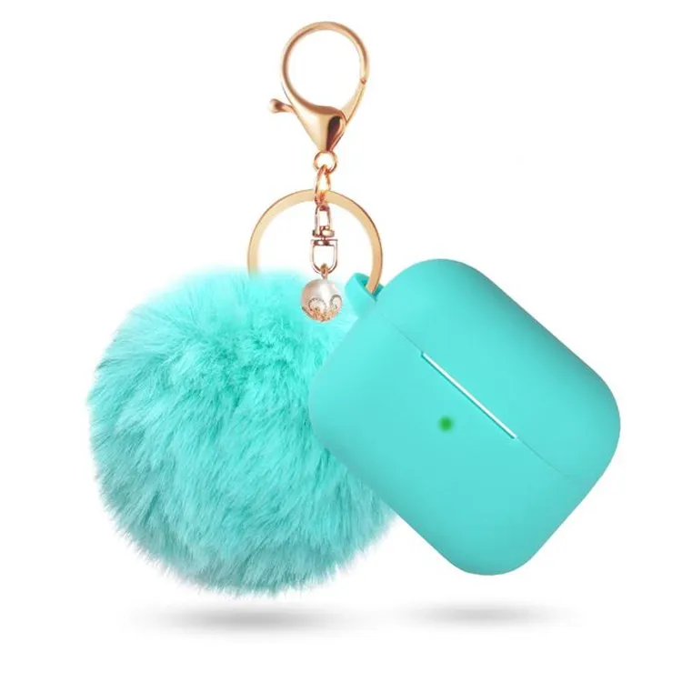 

Wholesale Soft Silicone Earphone Cover For AirPods Pro Case With Pompom Fur Ball Keychain