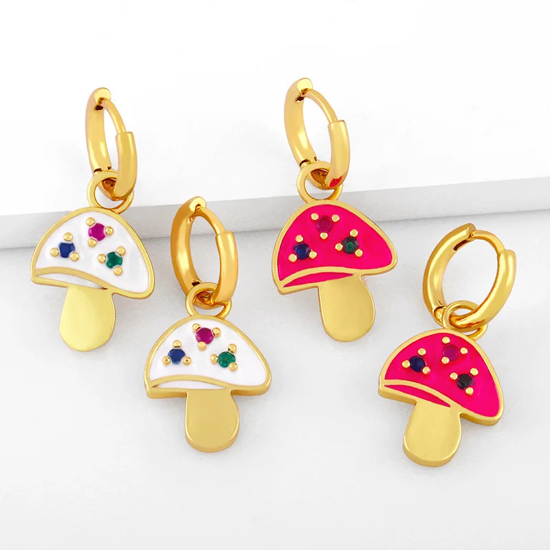 

Hot Sale 18k Gold Plated Colorful Oil Drop Enamel Earring Zircon CZ Mushroom Charm Hoop Earrings for Women 2021, Gold/silver