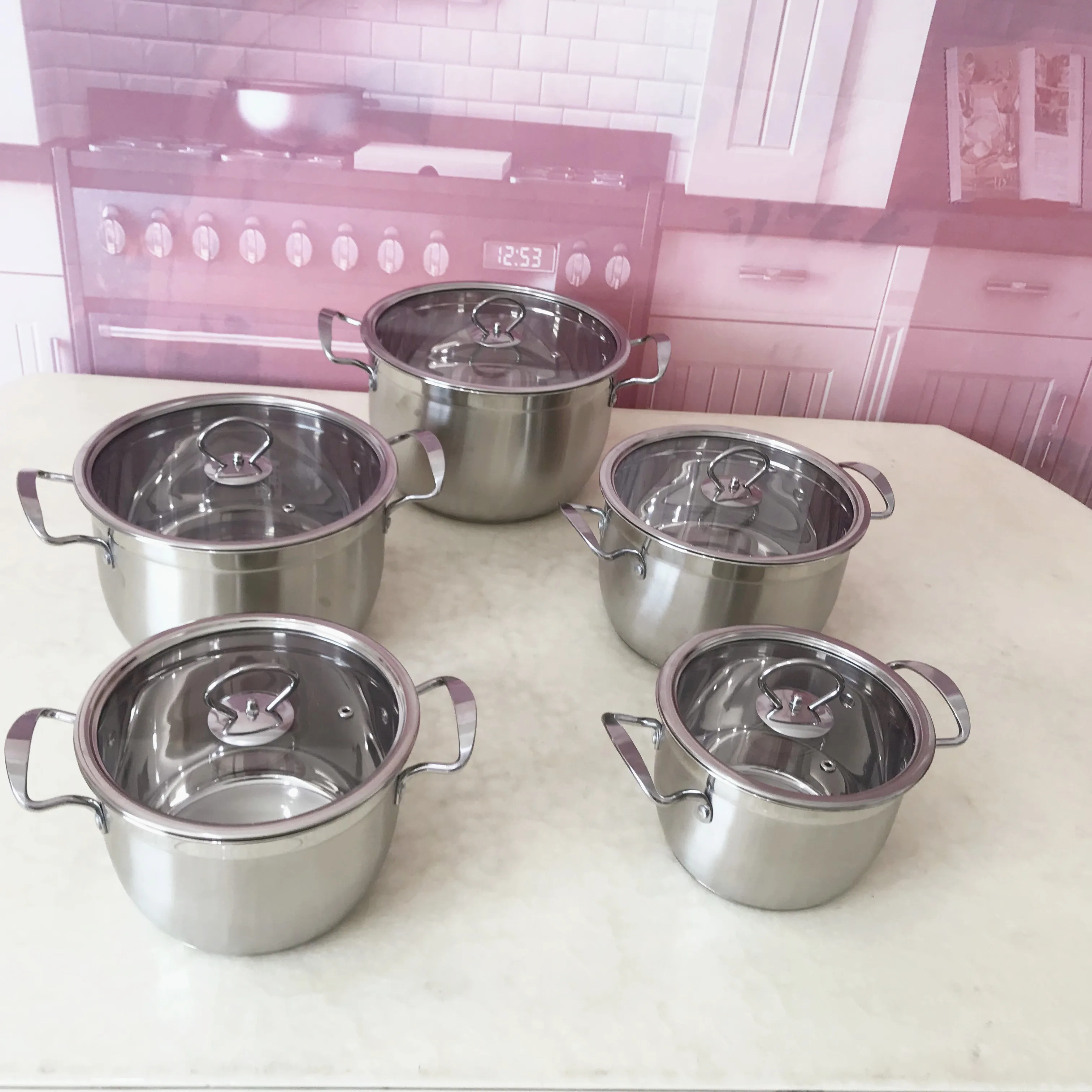 

10PCS Korean high pot stainless steel cooking pot cookware set with steel handle, Silver/color