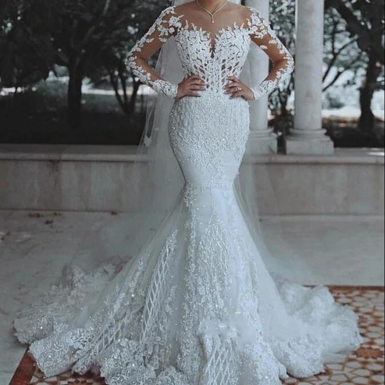 

New Sexy Deep V Mermaid Dress Lace Hollow Applique Beaded Bridal Wedding Long Sleeves Mermaid Wedding Dresses, White