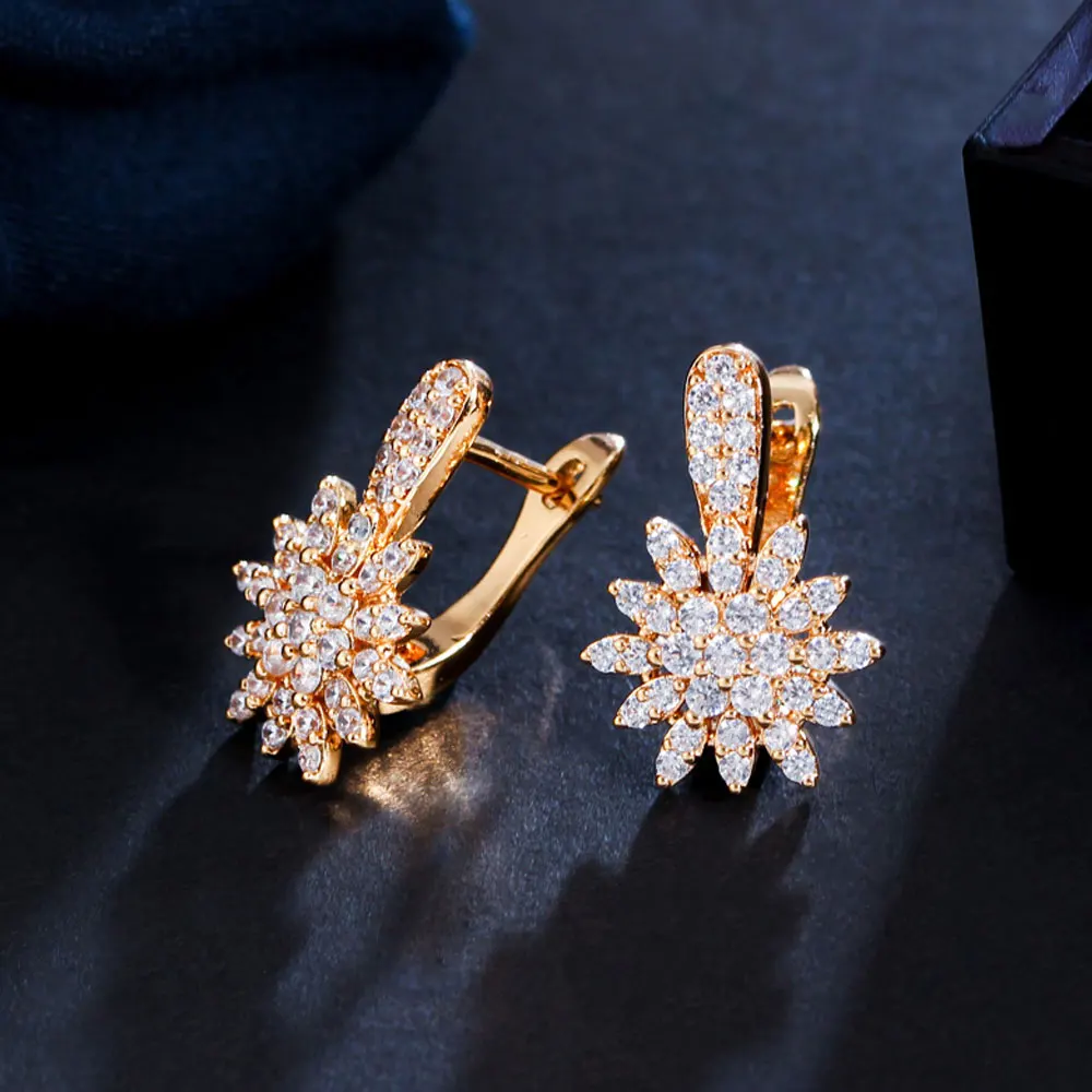Elegant Full Micro Paved Cubic Zirconia Stone 585 Gold Plated Flower Small Hoop Earrings for Women Party Jewelry with Safety Pin