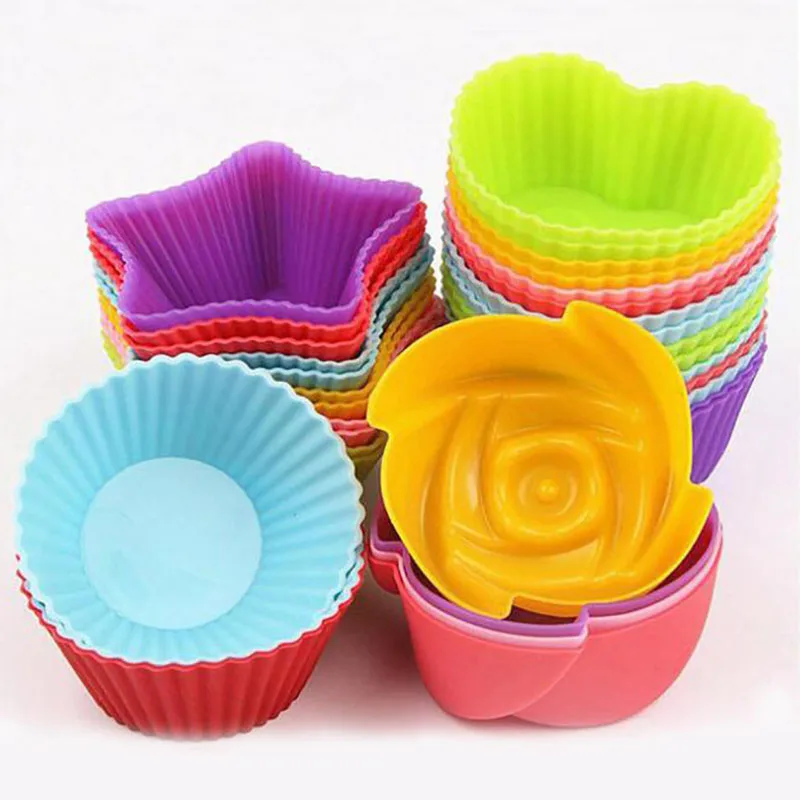 

Silicone Chiffon Paper Cup Baking Heart Star Round Flower Pudding Mould Flower-Shaped Egg Cup Cake Mold Muffin Cupcake Mould, Red yellow green blue pink purple