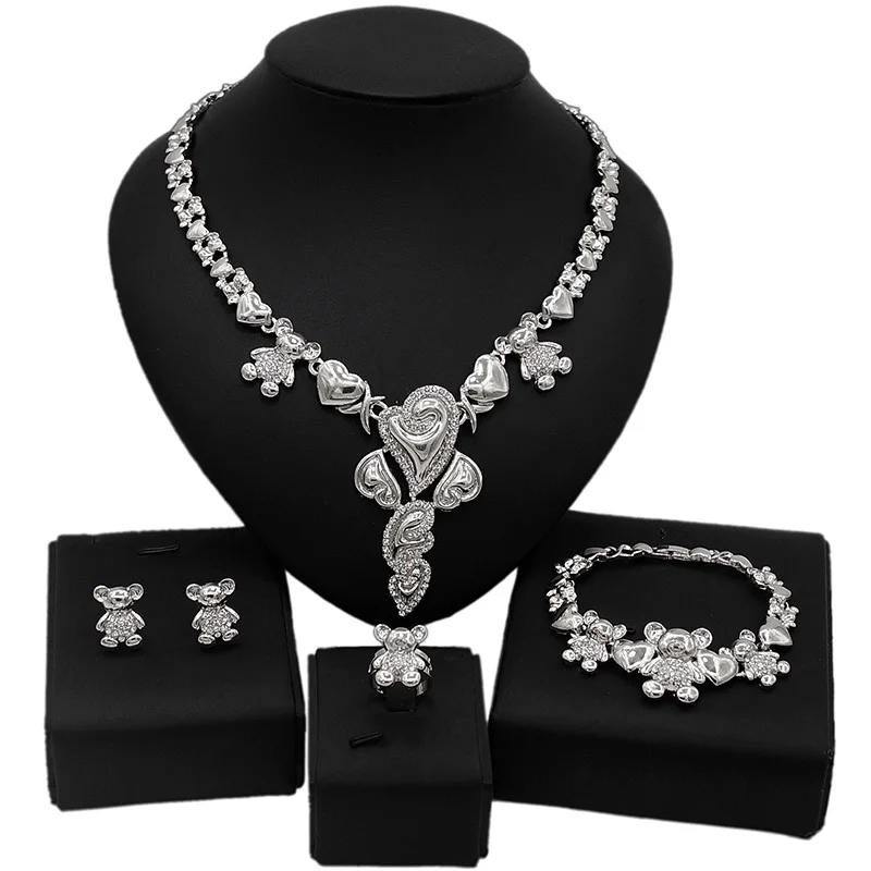 

Yulaili Silver XoXo Necklace Set Accessories African Wedding Jewelry Set I Love You Big Teddy Bear Hug and Kiss Jewellery X0078