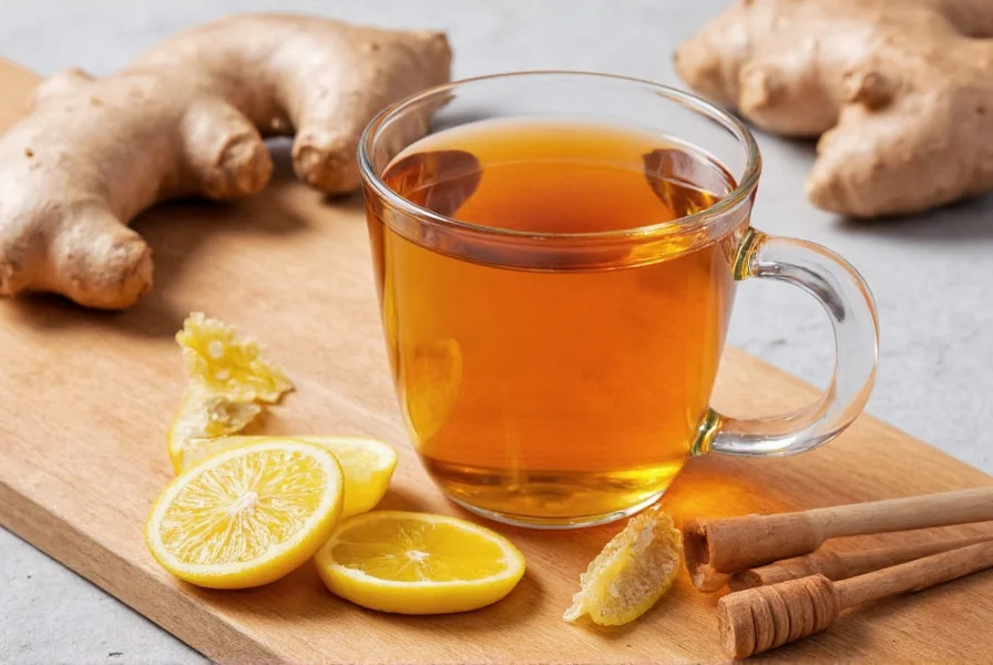 Properly prepared hot tea with ginger and honey in a ceramic mug