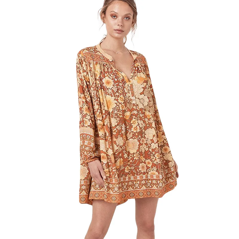 

2020 New Arrival spring summer v-neck full length sleeve print boho women ladies mini dresses