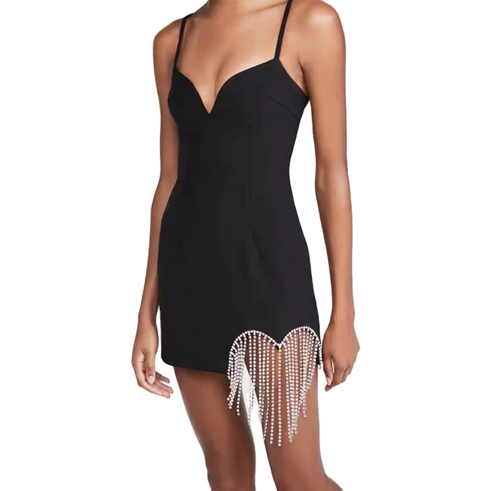 
OEM Women Sexy Club Party Boned Bodice Sweetheart Neckline Sleeveless Mini Slip Dress With Crystal Heart Fringe Cutout 