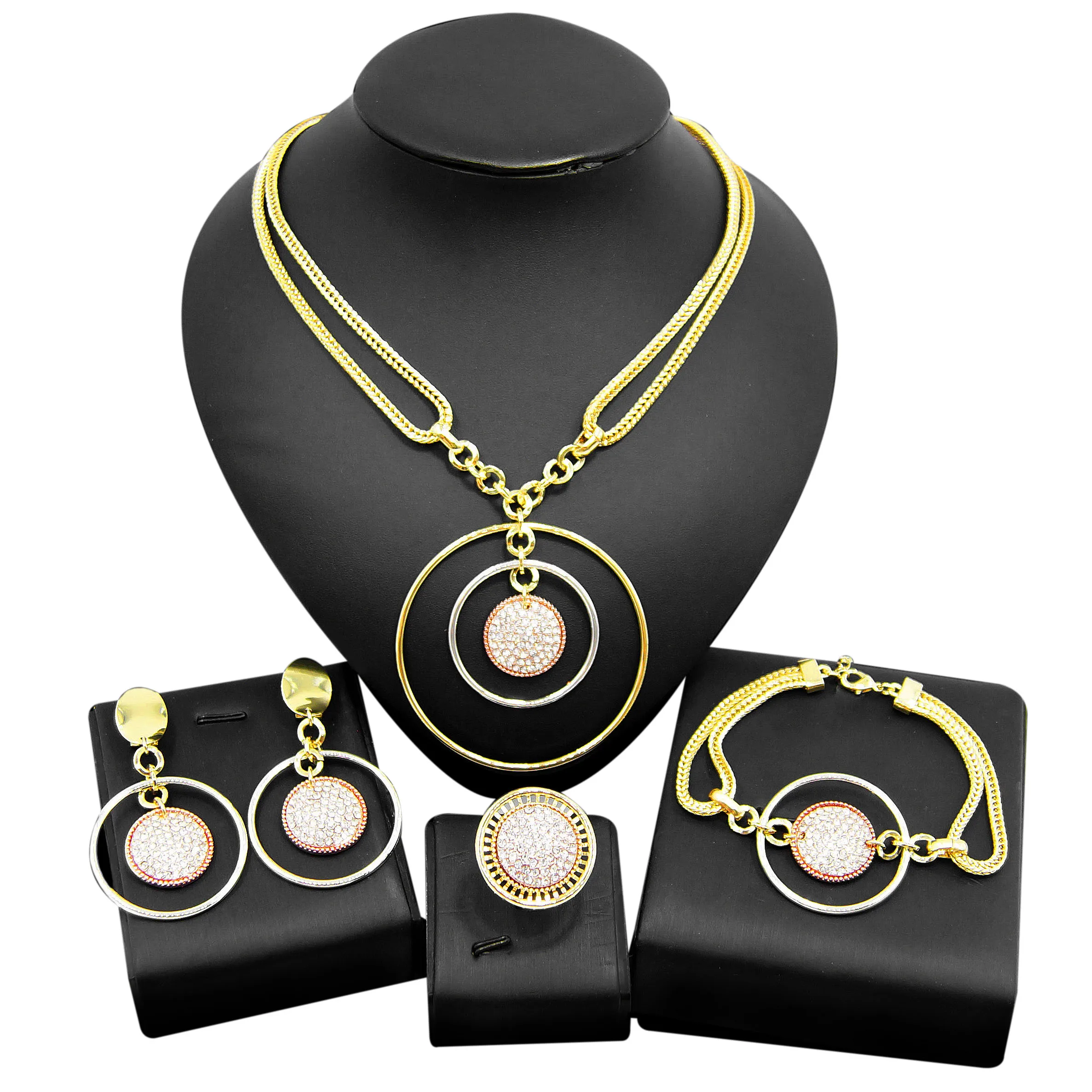 

Yulaili Exquisite 18K Italian Gold Circle Drop Pendant Jewelry Set Ring Earrings Bracelet Necklace Women Hot Sale Jewellery Sets