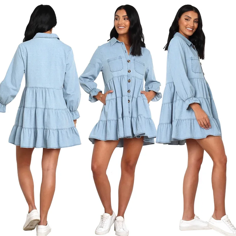 

New Product Ideas 2022 Turn Down Collar Denim Dress Casual Loose Jean Dress Women Mini Ruffles Dresses