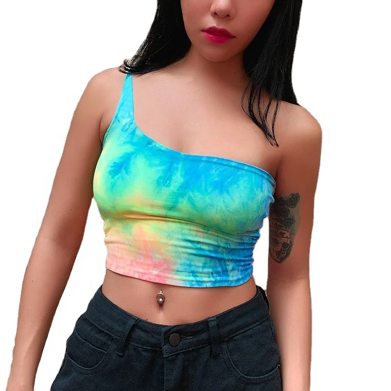 

2020 Hot Style Women Tie Dye One Shoulder Wrapped Chest One Sleeve Crop Top, Tie dye color