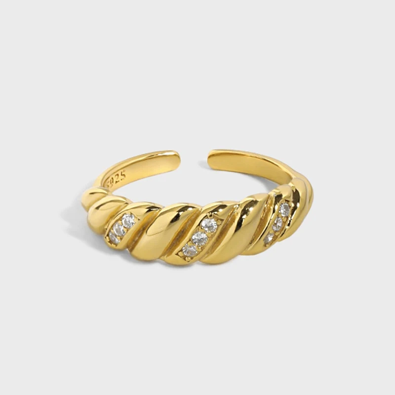 

Wave weaving zircon luxury jewelry S925 Sterling Silver gold plated trendy resizable rings for woman