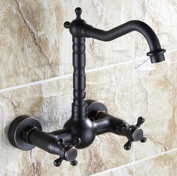 European Style 180 Rotation Double Handles Oil Rubbed Black Wall Mounted Kitchen Faucet