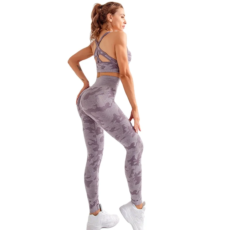 

Hot selling camouflage butt lift seamless plus size yoga unique textured sets fitness womens seamless suit, 3 color