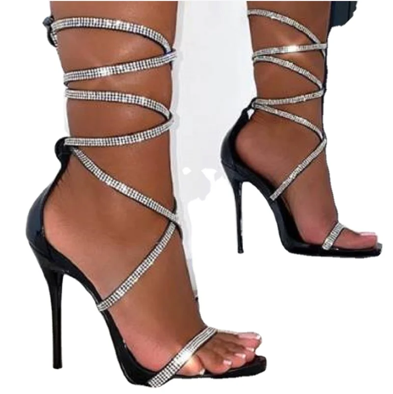 

101885ISEEYOUFIRST Shoes Woman Plus Size Sexy Rhinestone Suede Roman Ankle Crossed Tied Party Shoes Stiletto High Heels Sandals