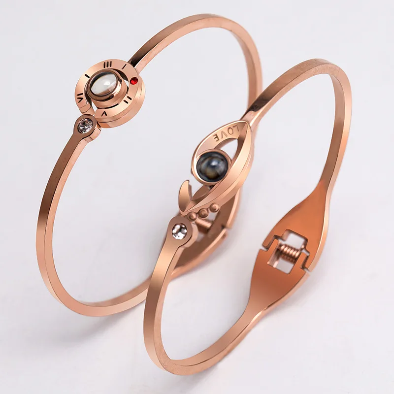 

Wholesale valentine's day jewelry stainless steel i love you in 100 languages bangle bracelet, Silver plated color