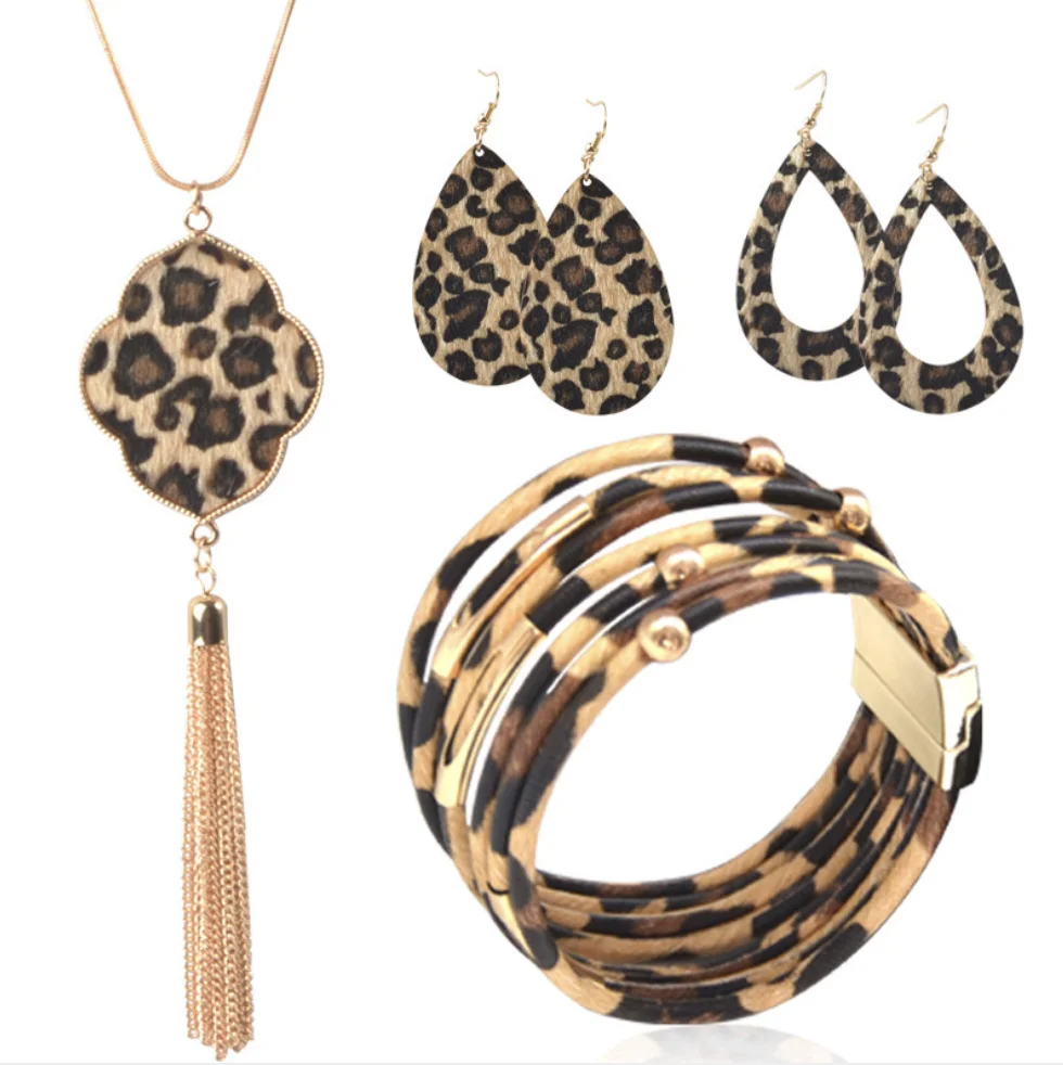 

Personalized jewelry various options new magnet buckle tassel women leopard bracelet necklace earrings set, Gold + leopard