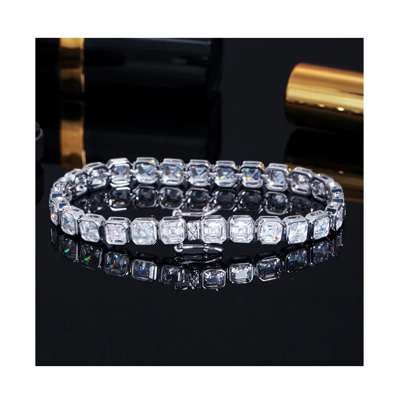 

Wholesale Iced Out Asscher Cut Square Cubic Zirconia Chain Jewelry Men Women White Gold Plated CZ Diamond Tennis Bracelet