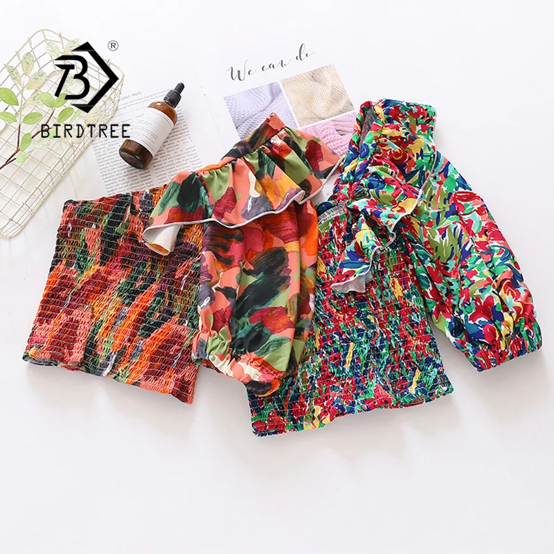 

Korean Fashion Slim High Waist Stretch Shirt Elegant Fluffy Sleeves Short Sexy Top Ladies Colorful Top T08602T