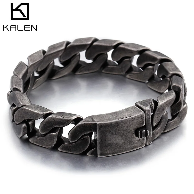 KALEN 220*17mm Oxidation Black Chain Stainless Steel Cool Boys Charm Bracelet Mens