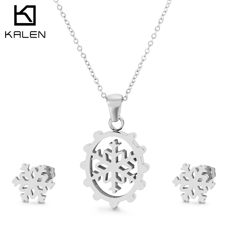 

2020 New Product Stainless Steel Snowflake Necklace Women Pendant Necklace Earrings Set, Gold,sliver