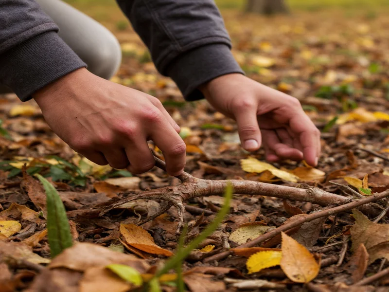 Hand collecting fallen twigs in autumn forest