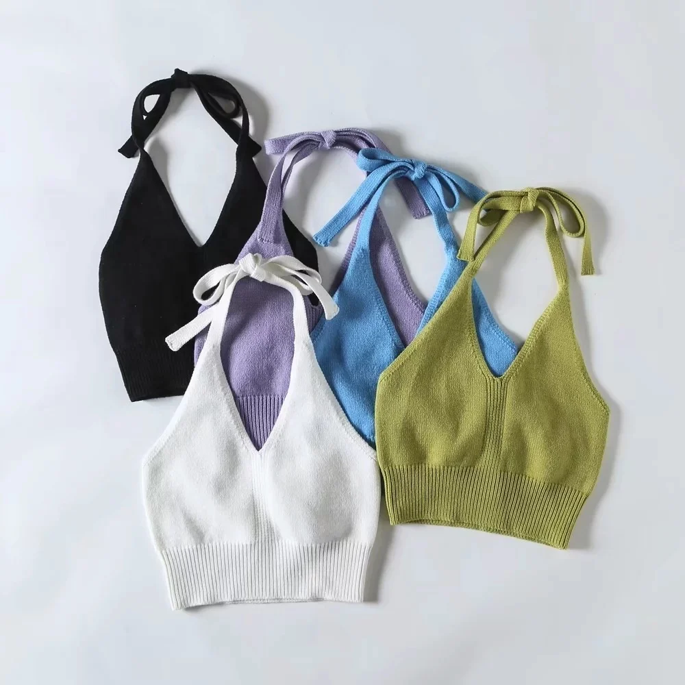 

S1031 New style ladies fashion halter knitted slim crop top, White/purple/black/green/blue/light blue