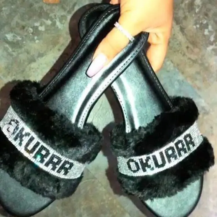 

Small pink bling fur slides slippers Winter Ladies Slides Women Faux Fur Slippers, Black,pink