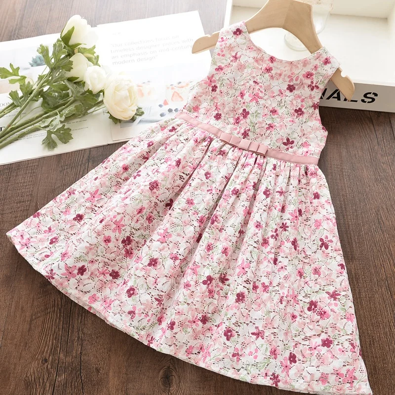 

B52034A Little girls fashion hollow out casual floral sleeveless dress, Pink