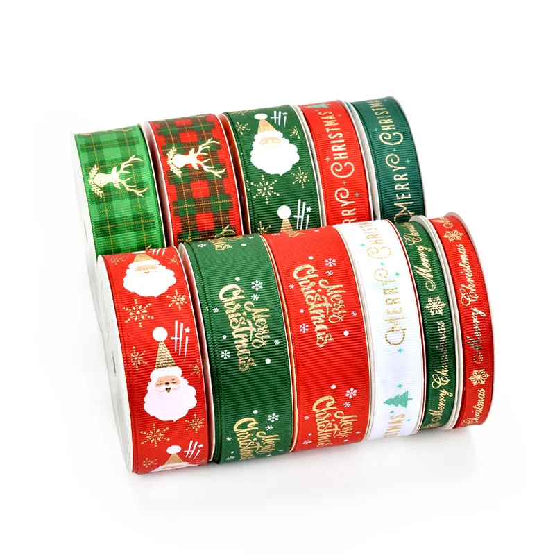 

Merry Christmas Tree Gift Box Packing Gold Foil Stamping Grosgrain Polyester Ribbon, Green,red