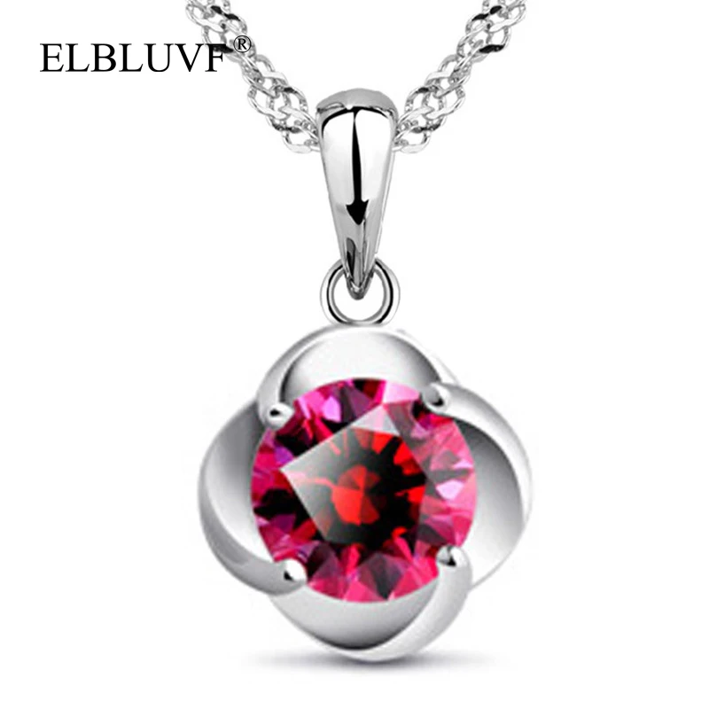 

ELBLUVF Free Shipping S925 Silver Plated New Arrive Red Zircon Fancy Korea Jewelry Flower Pendant For Women, White gold color