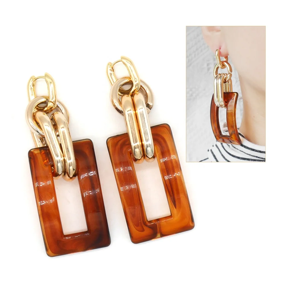 

Amazon Hotsale Chunky Unique Aretes De Moda Brass Acrylic Drop Women Jewerly Vintage Geometric Rectangle Earrings