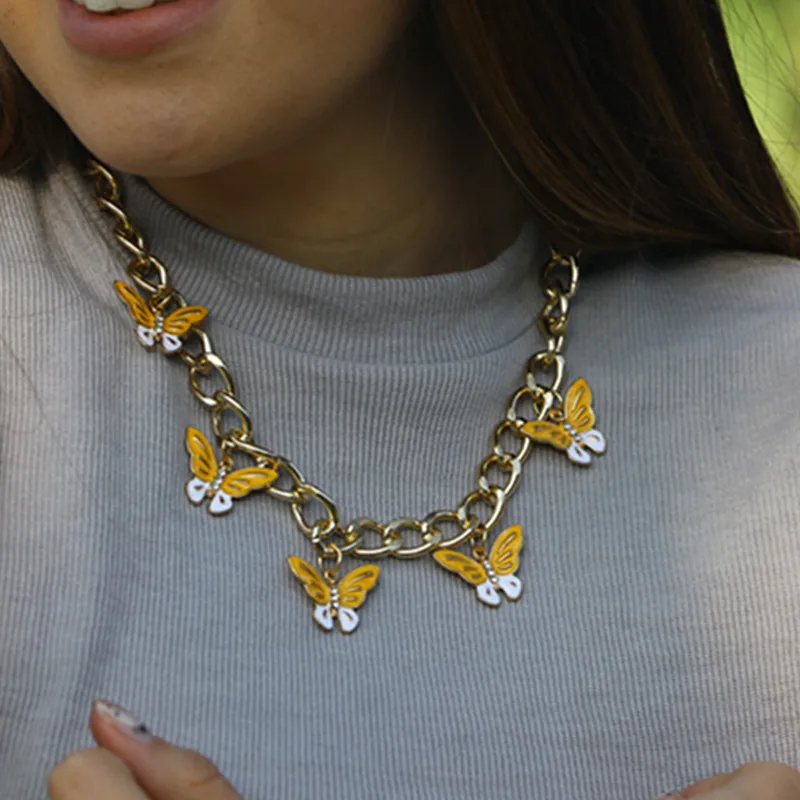 

INS aliexpress yellow purple butterfly necklace wide crystal butterfly gold clavicle chain short necklace women girls, Picture