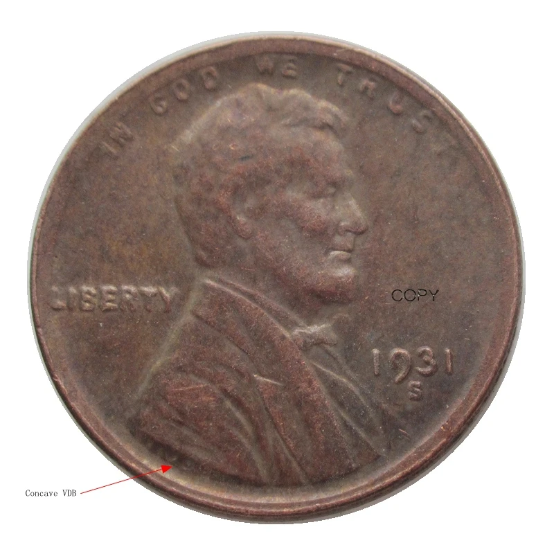 

Reproduction USA Small Cents VDB Obverse 1931 S Lincoln Cent Copper Custom Metal Coins