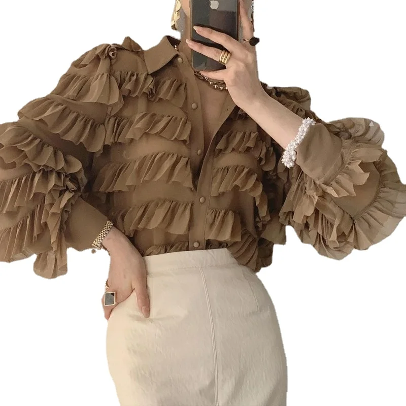 

Fall Fashion Clothes Office Lady Spring Korean Ruffles Blouse Women Long Sleeve Tops Casual Elegant Turn Down Collar Loose Shirt